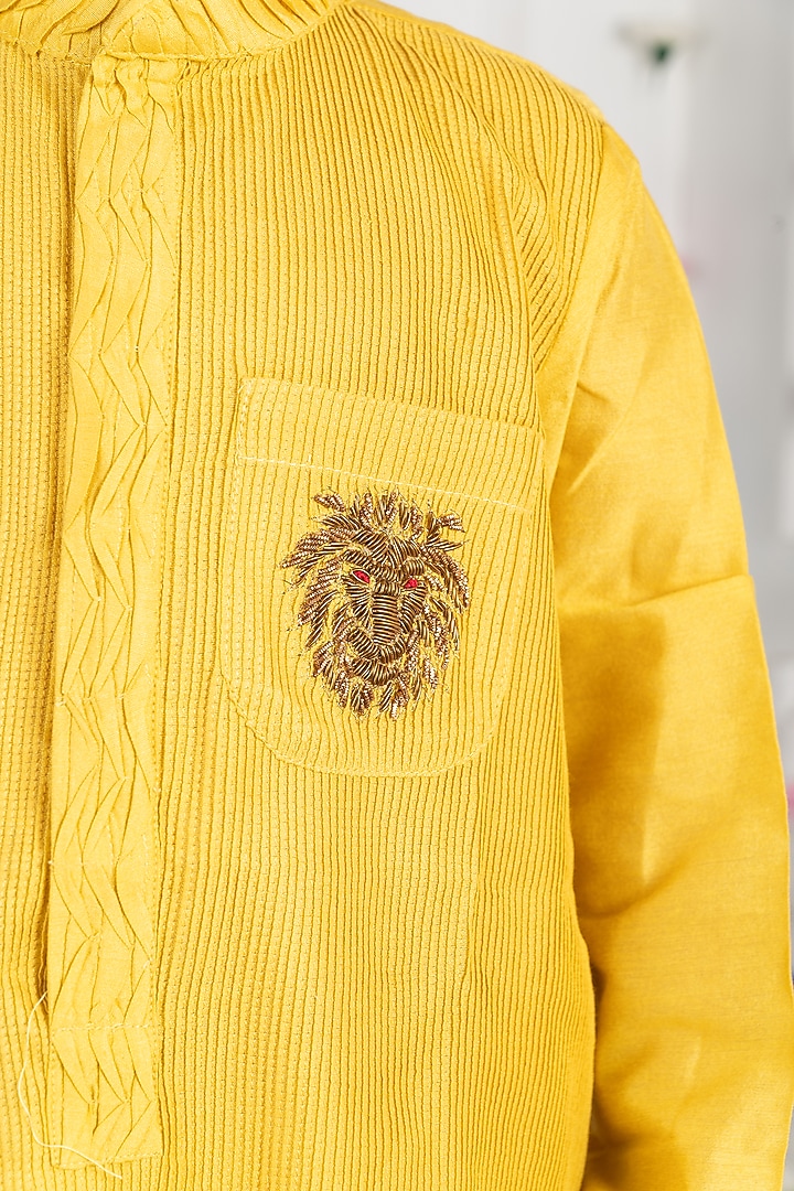 Yellow Cotton Silk Embroidered Kurta Set For Boys by SHRUTI JALAN at Pernia's Pop Up Shop