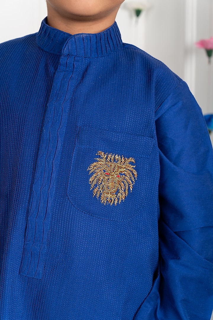 Royal Blue Cotton Silk Embroidered Kurta Set For Boys by SHRUTI JALAN at Pernia's Pop Up Shop