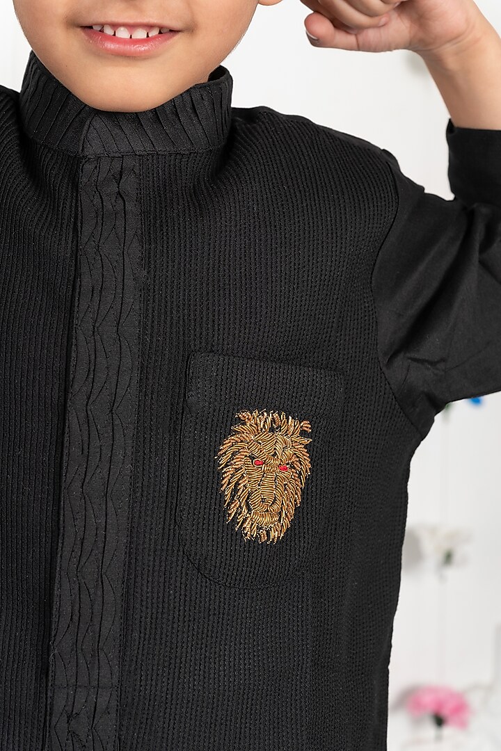 Black Cotton Silk Embroidered Kurta Set For Boys by SHRUTI JALAN at Pernia's Pop Up Shop