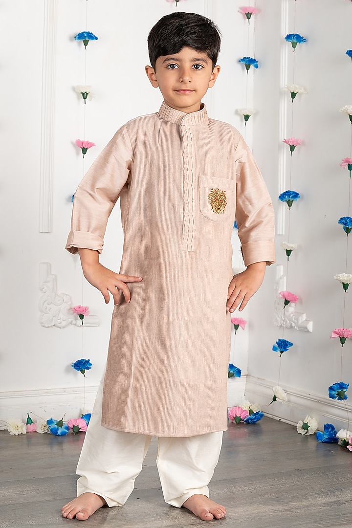 Beige Cotton Silk Embroidered Kurta Set For Boys by SHRUTI JALAN at Pernia's Pop Up Shop