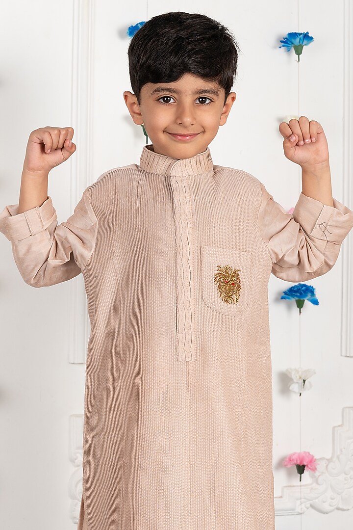 Beige Cotton Silk Embroidered Kurta Set For Boys by SHRUTI JALAN at Pernia's Pop Up Shop
