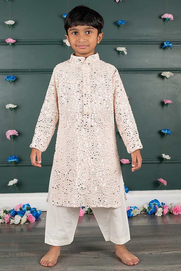 Soft Pink Georgette Embroidered Kurta Set For Boys by SHRUTI JALAN at Pernia's Pop Up Shop
