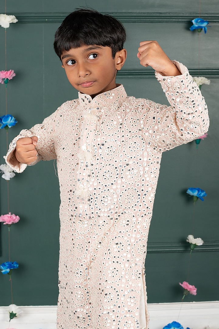 Soft Pink Georgette Embroidered Kurta Set For Boys by SHRUTI JALAN at Pernia's Pop Up Shop