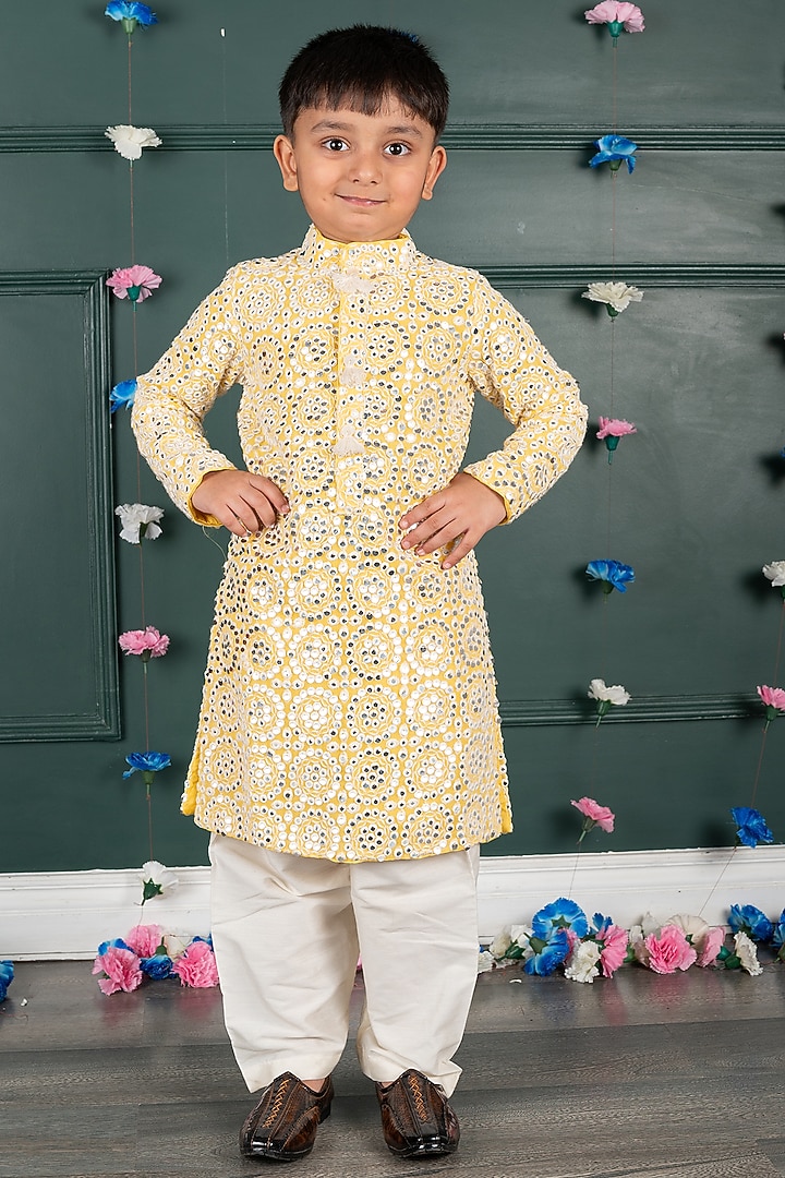 Yellow Georgette Embroidered Kurta Set For Boys by SHRUTI JALAN at Pernia's Pop Up Shop