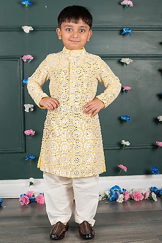 Yellow Georgette Embroidered Kurta Set For Boys by SHRUTI JALAN
