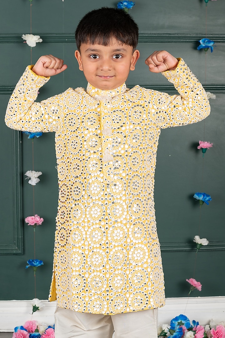 Yellow Georgette Embroidered Kurta Set For Boys by SHRUTI JALAN at Pernia's Pop Up Shop