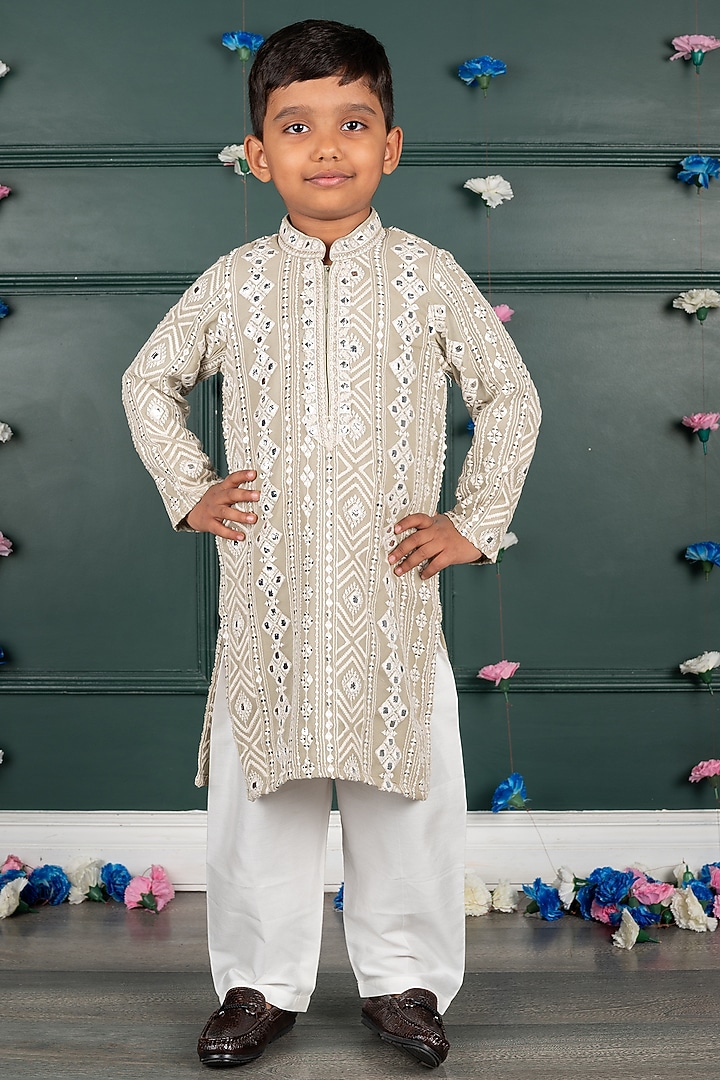 Grey Beige Georgette Embroidered Kurta Set For Boys by SHRUTI JALAN at Pernia's Pop Up Shop