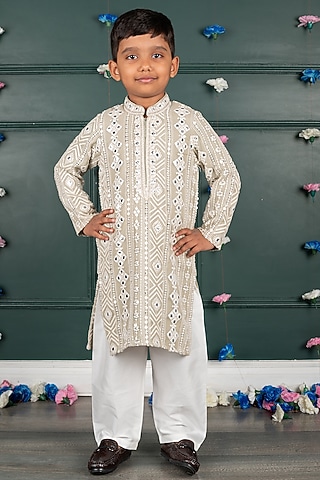 Grey Beige Georgette Embroidered Kurta Set For Boys by SHRUTI JALAN