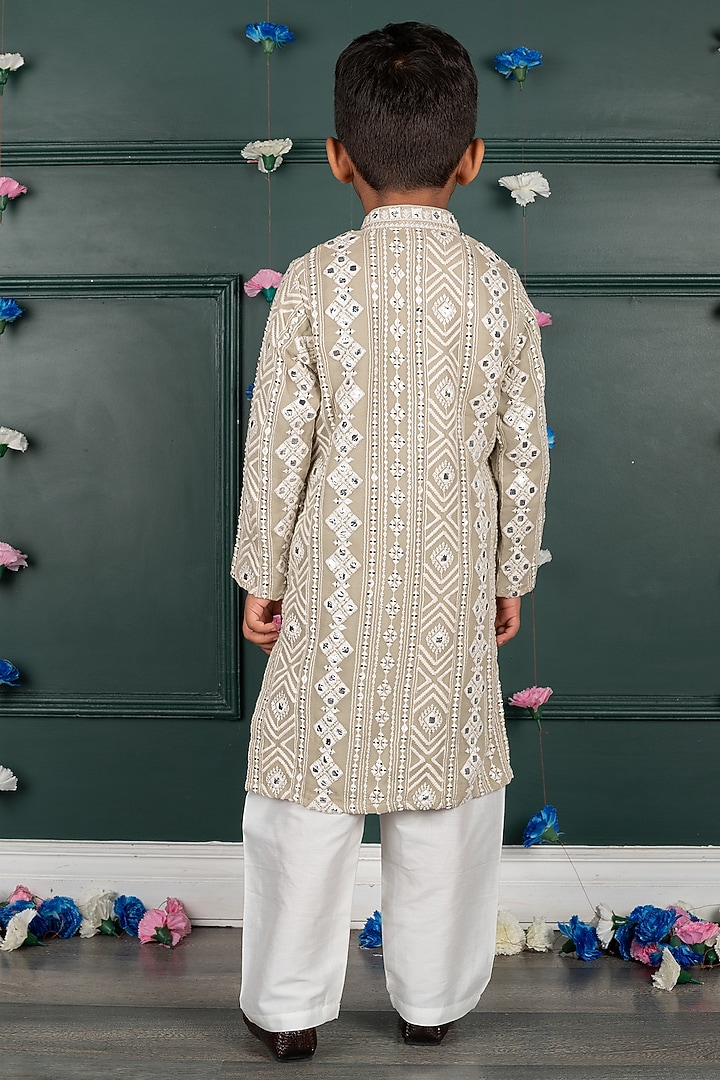 Grey Beige Georgette Embroidered Kurta Set For Boys by SHRUTI JALAN at Pernia's Pop Up Shop
