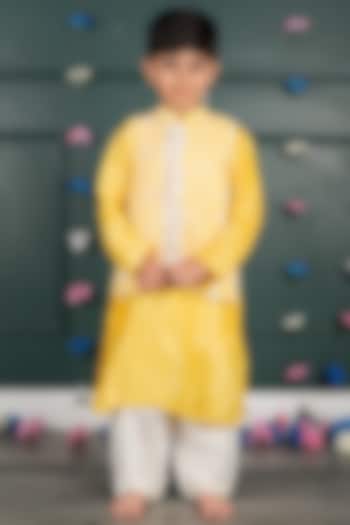 Yellow Georgette Embroidered Nehru Jacket Set For Boys by SHRUTI JALAN at Pernia's Pop Up Shop