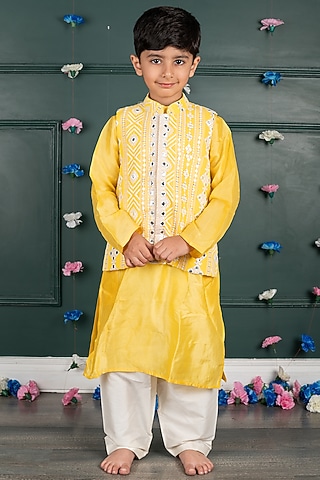 Yellow Georgette Embroidered Nehru Jacket Set For Boys by SHRUTI JALAN