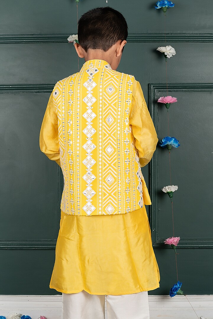 Yellow Georgette Embroidered Nehru Jacket Set For Boys by SHRUTI JALAN at Pernia's Pop Up Shop