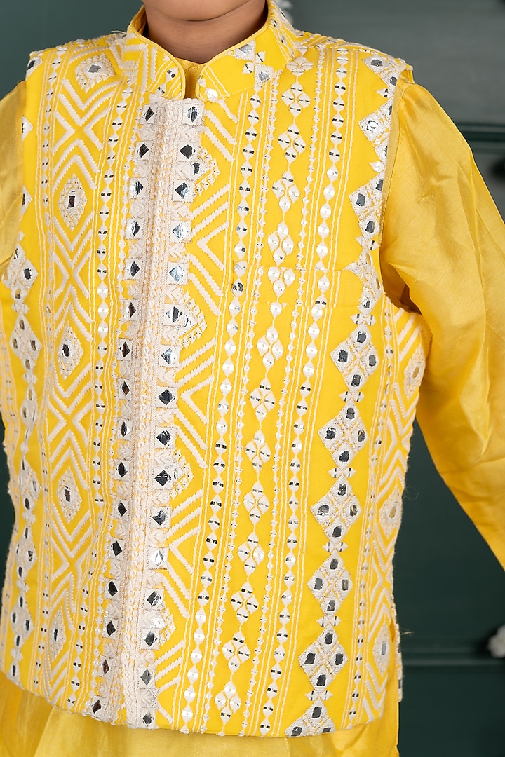 Yellow Georgette Embroidered Nehru Jacket Set For Boys by SHRUTI JALAN at Pernia's Pop Up Shop