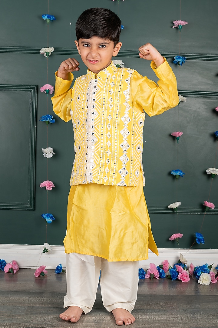 Yellow Georgette Embroidered Nehru Jacket Set For Boys by SHRUTI JALAN at Pernia's Pop Up Shop