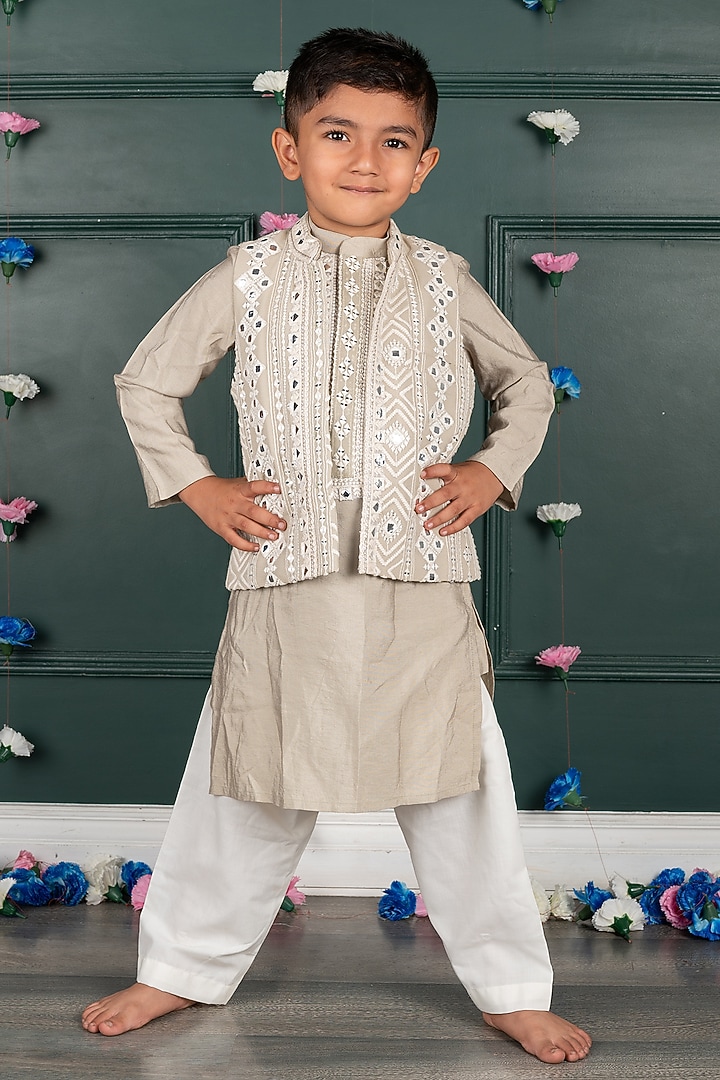 Grey Beige Georgette Embroidered Nehru Jacket Set For Boys by SHRUTI JALAN at Pernia's Pop Up Shop