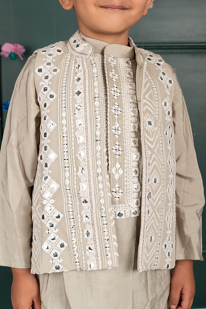 Grey Beige Georgette Embroidered Nehru Jacket Set For Boys by SHRUTI JALAN at Pernia's Pop Up Shop