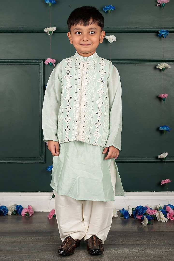 Light Blue Georgette Embroidered Nehru Jacket Set For Boys by SHRUTI JALAN at Pernia's Pop Up Shop