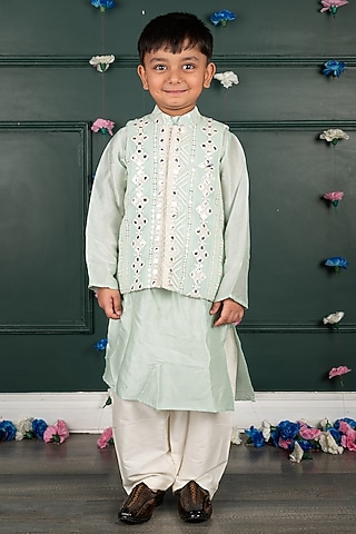 Light Blue Georgette Embroidered Nehru Jacket Set For Boys by SHRUTI JALAN