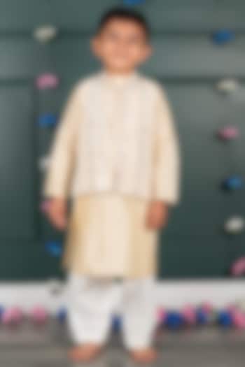Light Peach Georgette Embroidered Nehru Jacket Set For Boys by SHRUTI JALAN at Pernia's Pop Up Shop