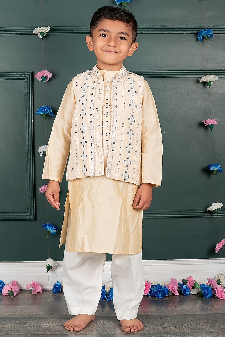 Light Peach Georgette Embroidered Nehru Jacket Set For Boys by SHRUTI JALAN at Pernia's Pop Up Shop