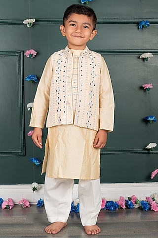 Light Peach Georgette Embroidered Nehru Jacket Set For Boys by SHRUTI JALAN