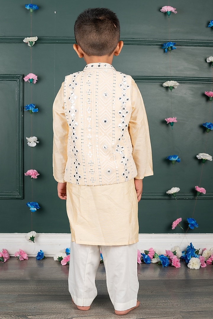 Light Peach Georgette Embroidered Nehru Jacket Set For Boys by SHRUTI JALAN at Pernia's Pop Up Shop