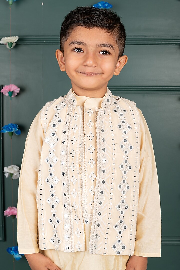 Light Peach Georgette Embroidered Nehru Jacket Set For Boys by SHRUTI JALAN at Pernia's Pop Up Shop