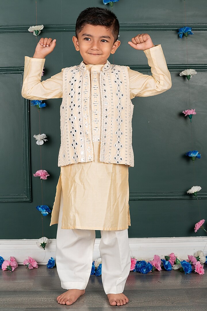 Light Peach Georgette Embroidered Nehru Jacket Set For Boys by SHRUTI JALAN at Pernia's Pop Up Shop