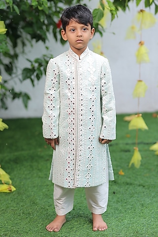Light Blue Georgette & Silk Mirror Embroidered Sherwani Set For Boys by SHRUTI JALAN