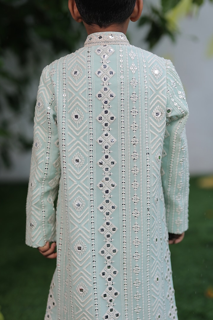 Light Blue Georgette & Silk Mirror Embroidered Sherwani Set For Boys by SHRUTI JALAN at Pernia's Pop Up Shop