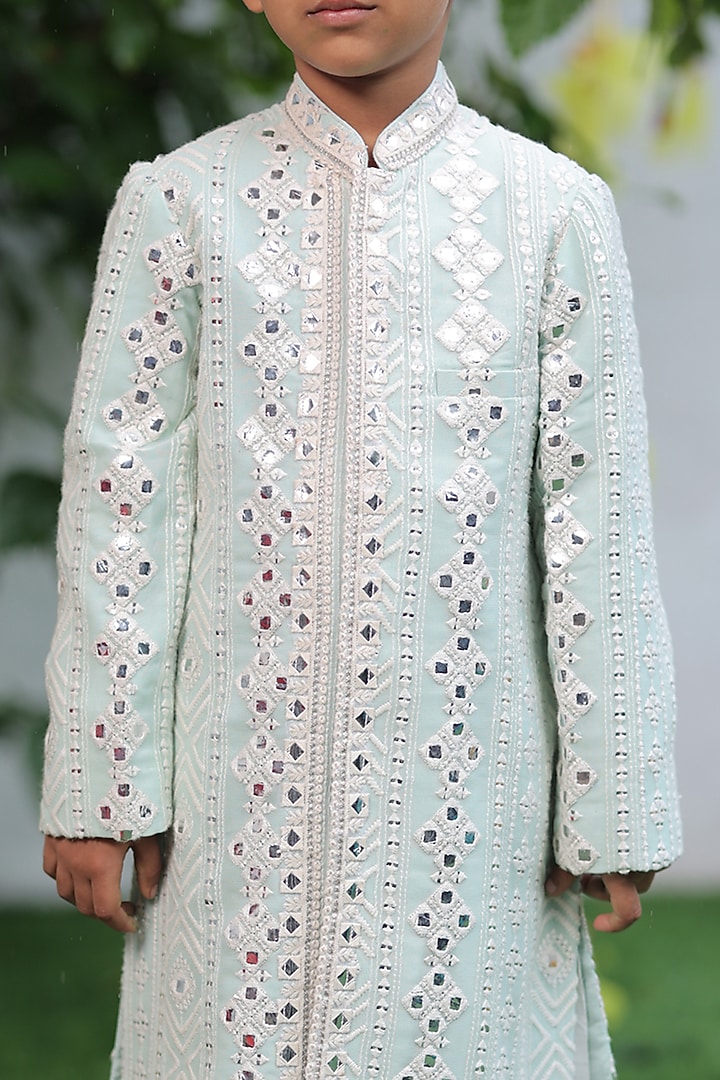 Light Blue Georgette & Silk Mirror Embroidered Sherwani Set For Boys by SHRUTI JALAN at Pernia's Pop Up Shop