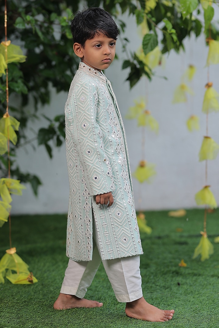 Light Blue Georgette & Silk Mirror Embroidered Sherwani Set For Boys by SHRUTI JALAN at Pernia's Pop Up Shop