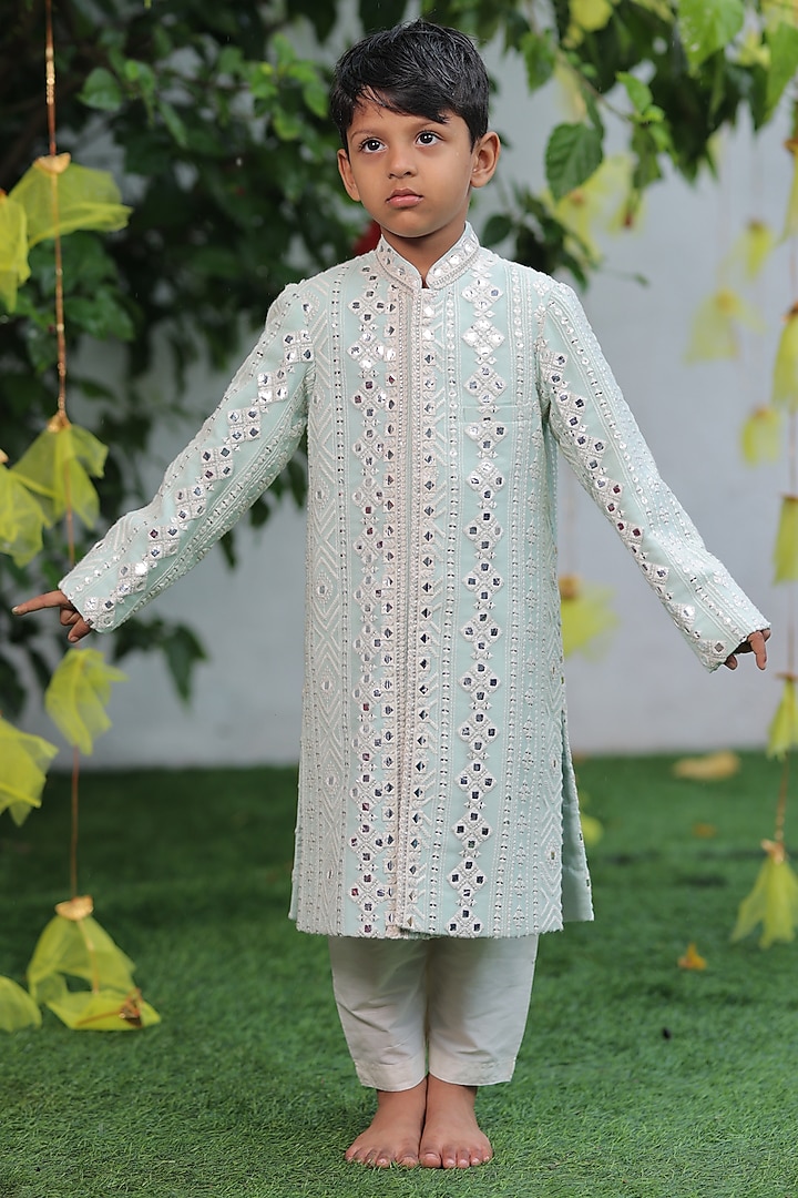 Light Blue Georgette & Silk Mirror Embroidered Sherwani Set For Boys by SHRUTI JALAN at Pernia's Pop Up Shop