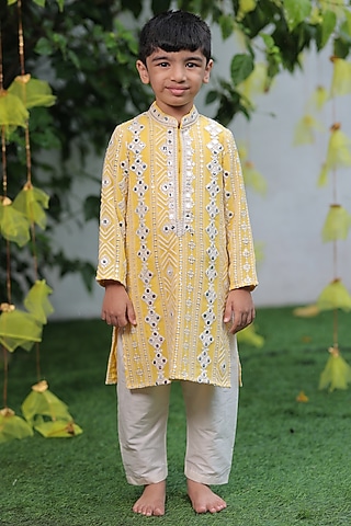 Light Blue Georgette & Silk Mirror Embroidered Sherwani Set For Boys by SHRUTI JALAN