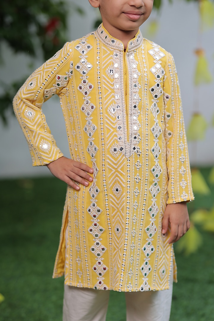 Light Blue Georgette & Silk Mirror Embroidered Sherwani Set For Boys by SHRUTI JALAN at Pernia's Pop Up Shop