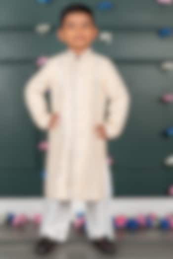 Light Peach Georgette & Silk Mirror Embroidered Sherwani Set For Boys by SHRUTI JALAN at Pernia's Pop Up Shop