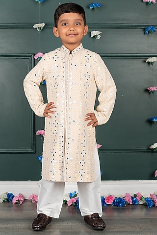 Light Peach Georgette & Silk Mirror Embroidered Sherwani Set For Boys by SHRUTI JALAN