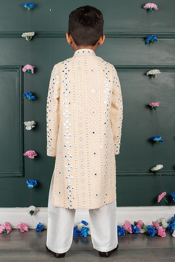 Light Peach Georgette & Silk Mirror Embroidered Sherwani Set For Boys by SHRUTI JALAN at Pernia's Pop Up Shop