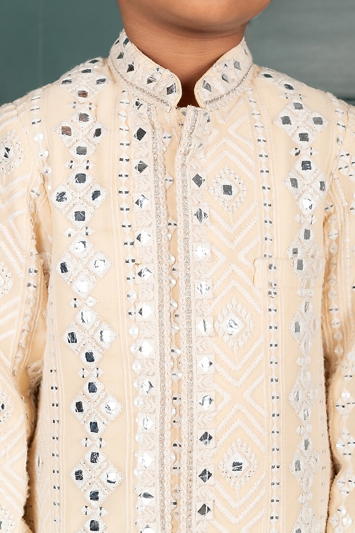 Light Peach Georgette & Silk Mirror Embroidered Sherwani Set For Boys by SHRUTI JALAN at Pernia's Pop Up Shop