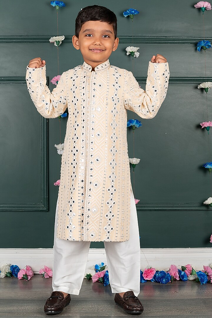 Light Peach Georgette & Silk Mirror Embroidered Sherwani Set For Boys by SHRUTI JALAN at Pernia's Pop Up Shop