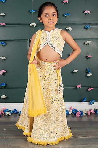 Yellow Georgette & Net Embroidered Lehenga Set For Girls by SHRUTI JALAN