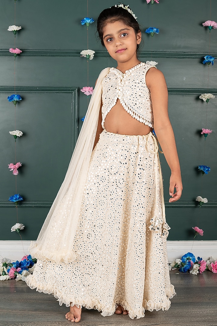 Nude Peach Georgette & Net Embroidered Lehenga Set For Girls by SHRUTI JALAN at Pernia's Pop Up Shop