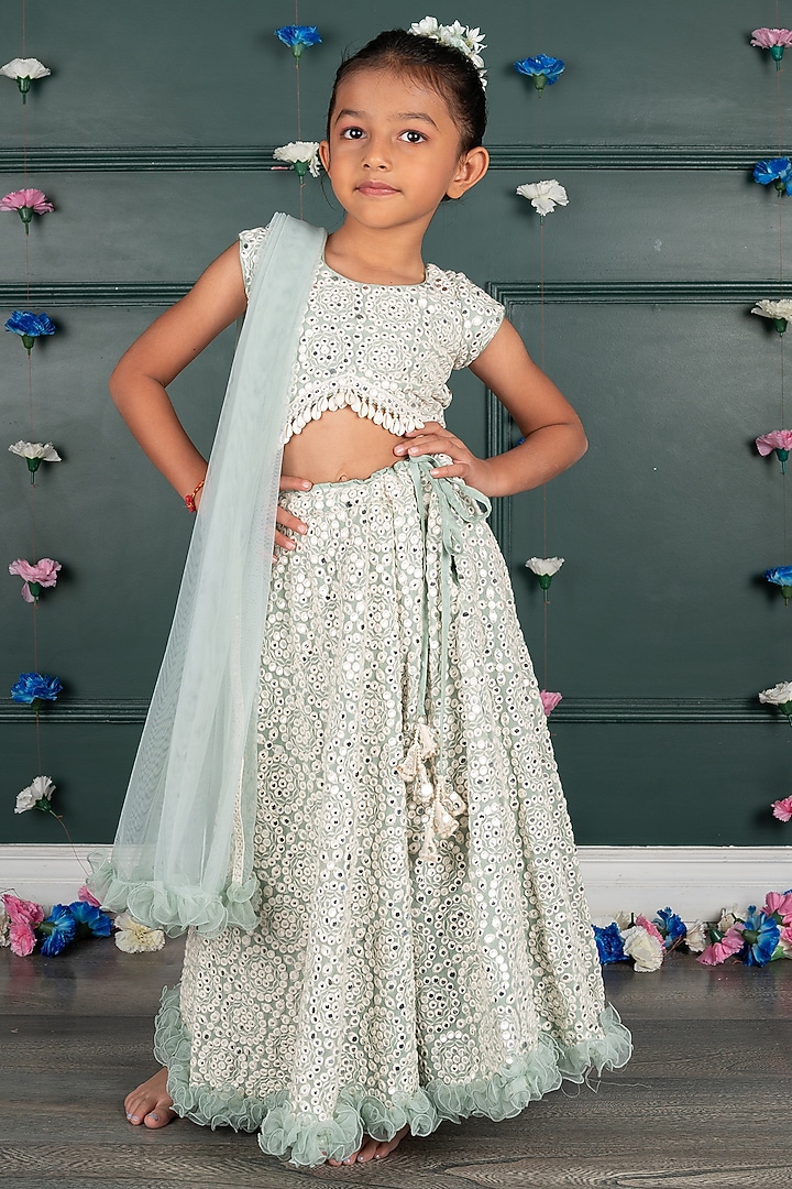 Blue Georgette & Net Embroidered Lehenga Set For Girls by SHRUTI JALAN at Pernia's Pop Up Shop