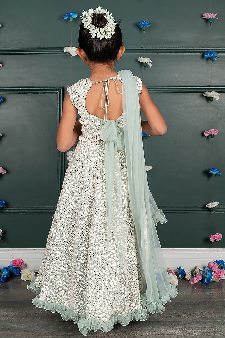Blue Georgette & Net Embroidered Lehenga Set For Girls by SHRUTI JALAN at Pernia's Pop Up Shop