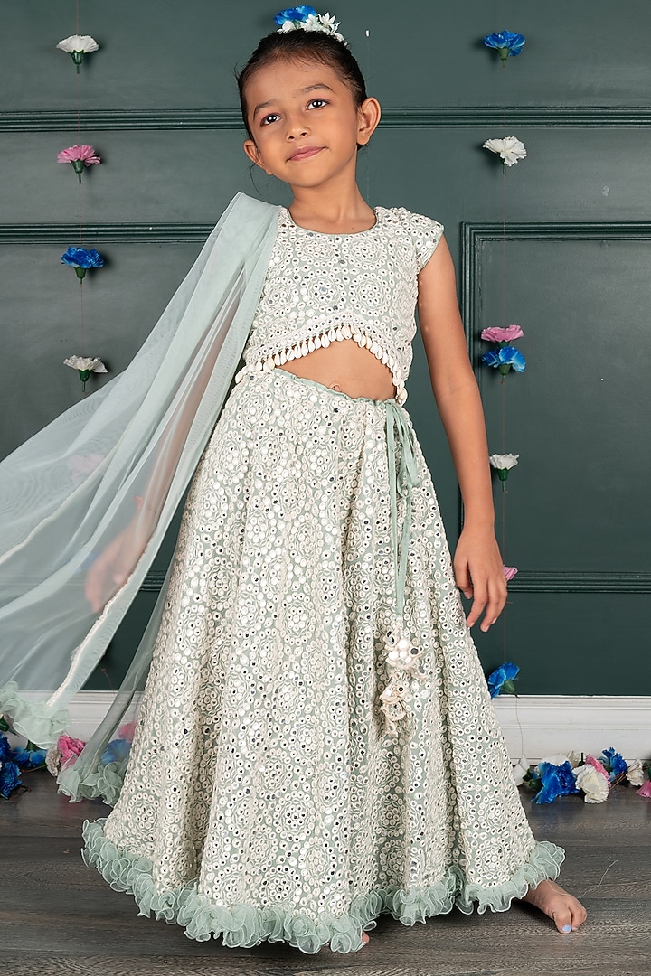 Blue Georgette & Net Embroidered Lehenga Set For Girls by SHRUTI JALAN at Pernia's Pop Up Shop