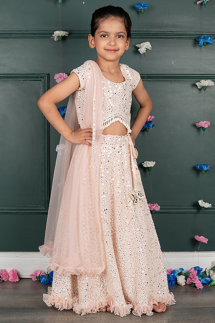 Soft Pink Georgette & Net Embroidered Lehenga Set For Girls by SHRUTI JALAN at Pernia's Pop Up Shop