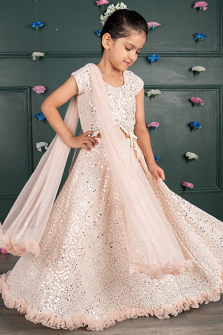 Soft Pink Georgette & Net Embroidered Lehenga Set For Girls by SHRUTI JALAN at Pernia's Pop Up Shop