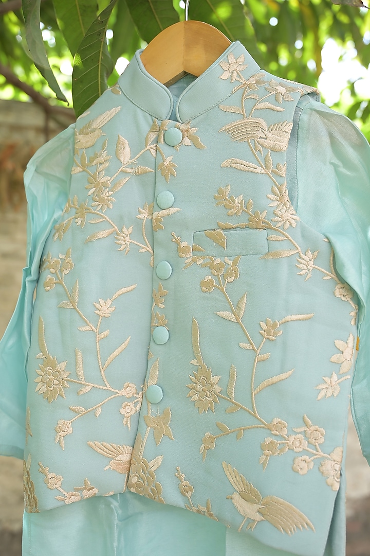Blue Georgette Embroidered Nehru Jacket Set For Boys by SHRUTI JALAN at Pernia's Pop Up Shop
