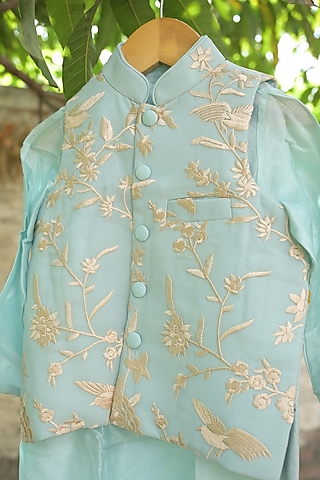 Blue Georgette Embroidered Nehru Jacket Set For Boys by SHRUTI JALAN
