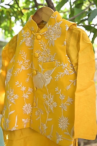 Yellow Georgette Embroidered Nehru Jacket Set For Boys by SHRUTI JALAN